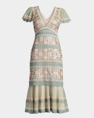 TADASHI SHOJI FLOUNCE GEOMETRIC SEQUIN & LACE MIDI DRESS