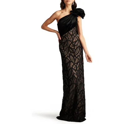 Tadashi Shoji Flower Detail Sequin Lace One-shoulder Gown In Black/beige