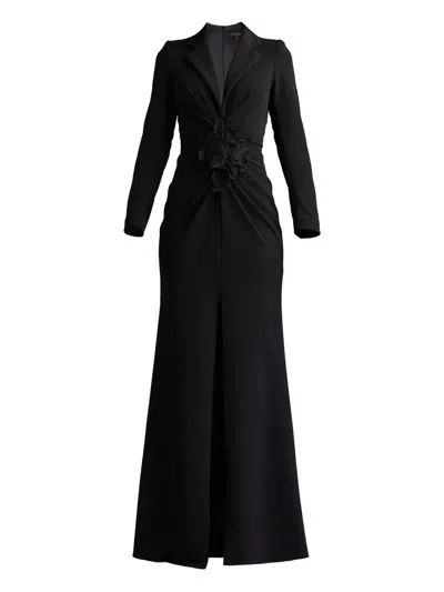Tadashi Shoji Flower-embellished V-neck Gown In Black