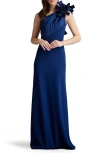 Tadashi Shoji Ruffle Two-tone One-shoulder Gown In Navy