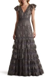 Tadashi Shoji Metallic Corded Embroidered Tulle Sleeveless Gown In Dark Mist