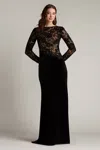 Tadashi Shoji Embroidered Bodice Long Sleeve Gown In Black