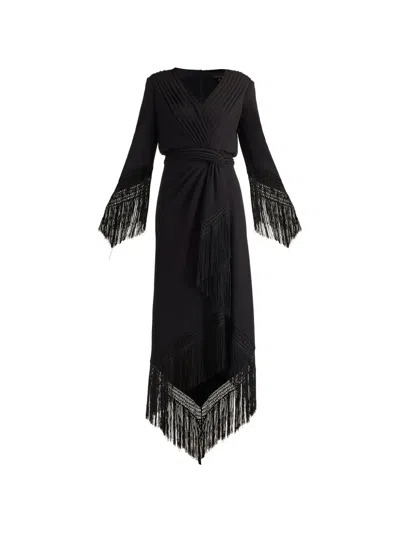 Tadashi Shoji Fringe Detail Long Sleeve Gown In Black
