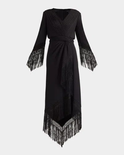 Tadashi Shoji Fringe-trim Draped Crepe Maxi Dress In Black