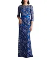 Tadashi Shoji Bateau-neck Embroidered Lace Gown In Blue
