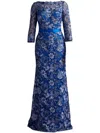 Tadashi Shoji Bateau-neck Embroidered Lace Gown In Blue