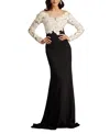 Tadashi Shoji Floral-embroidered Crepe Trumpet Gown In Black/ivory
