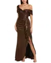 Tadashi Shoji Drea Metallic Waterfall Flounce Gown In Brown