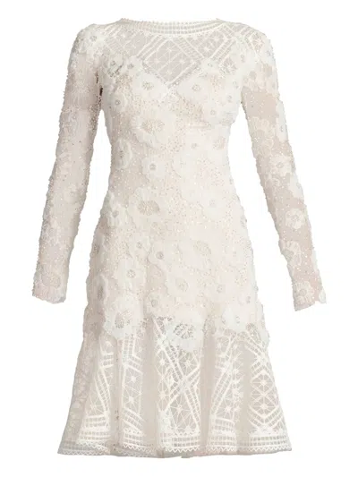 Tadashi Shoji Cfe25400m Short Long Sleeve Fitted Lace Cocktail Dress In White
