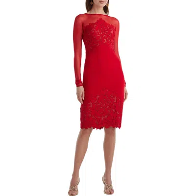 Tadashi Shoji Illusion Neck Laser Cut Long Sleeve Mesh Cocktail Dress In Red
