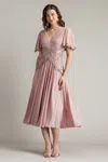 Tadashi Shoji Scroll Detail Flutter Sleeve Cocktail Midi Dress In Brown