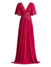Tadashi Shoji Scroll Lace Detail Flutter Sleeve Chiffon Gown In Pink