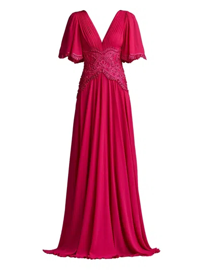 Tadashi Shoji Scroll Lace Detail Flutter Sleeve Chiffon Gown In Red