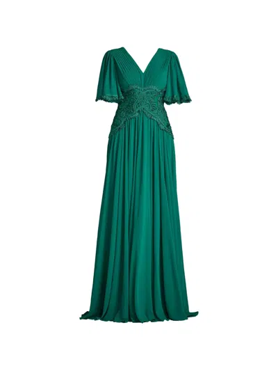 Tadashi Shoji Indira Embroidered Pleated Gown In Green