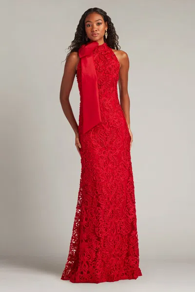 Tadashi Shoji Iria Shoulder Bow Lace Halter Gown In Red