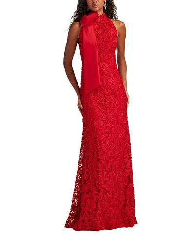 Tadashi Shoji Iria Shoulder Bow Lace Halter Gown In Red