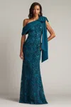 Tadashi Shoji Beaded Floral One-shoulder Gown In Blue