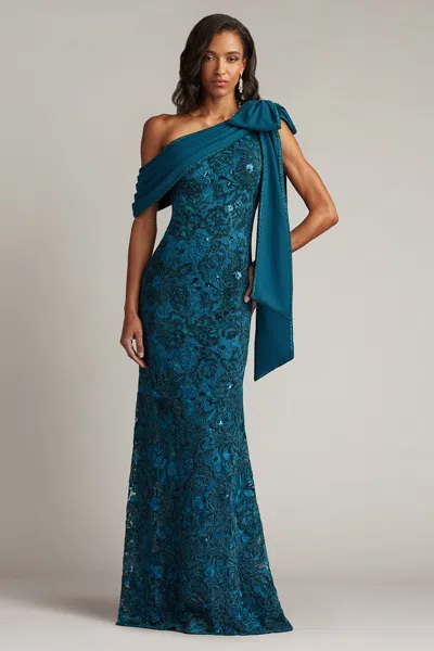 Tadashi Shoji Beaded Floral One-shoulder Gown In Blue