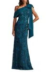 Tadashi Shoji Beaded Floral One-shoulder Gown In Blue