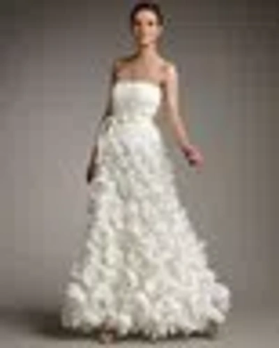 Pre-owned Tadashi Shoji Ivory  Strapless Flutter-skirt Gown 14 In White
