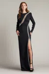 Tadashi Shoji Janae Pearl Trim Peekaboo Gown In Black