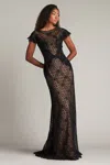 Tadashi Shoji Embellished Flutter Sleeve Lace Mermaid Gown In Black