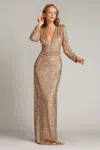 Tadashi Shoji Jazzy Sequin Mesh Plunge Gown In Gold