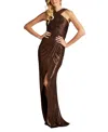 Tadashi Shoji Pleated Metallic Jersey Column Gown In Brown