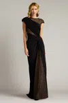 Tadashi Shoji Textured Crepe Gown With Sheer Details In Black