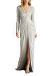 Tadashi Shoji Metallic Jersey Long Sleeve Gown In Silver
