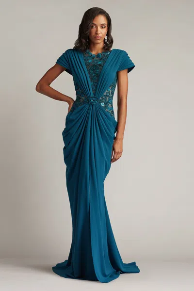 Tadashi Shoji Julina Draped Overlay Embroidered Gown In Blue