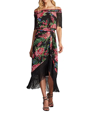 Tadashi Shoji Kaiser Floral Fringe Midi Dress In Black
