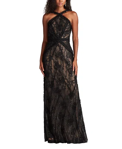 Tadashi Shoji Kaiti Embroidered Halter Gown In Black