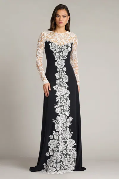 Tadashi Shoji Lace Detail Long Sleeve Crepe Gown In Black