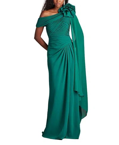 Tadashi Shoji Kamari Draped Rosette Shoulder Gown In Green