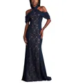 Tadashi Shoji Lace Inset Cold-shoulder Gown In Navy