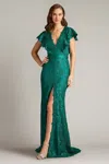 Tadashi Shoji Keck Sequin Embroidered Flutter Sleeve Gown In Green