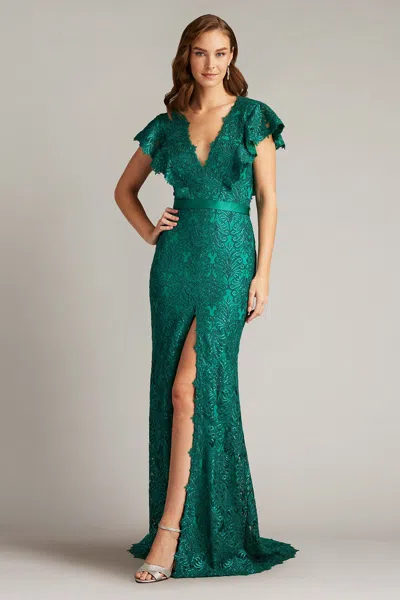 Tadashi Shoji Keck Sequin Embroidered Flutter Sleeve Gown In Green