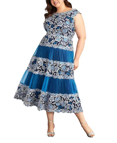 Tadashi Shoji Floral Embroidery Pleated Off The Shoulder Midi Dress In Pacific Blue