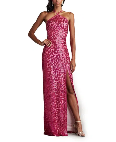 Tadashi Shoji Koda Animal Sequin Halter Gown In Pink
