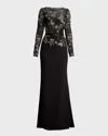 Tadashi Shoji Textured Crepe Paillette Embroidered Gown In Black/silver