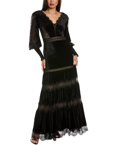 Tadashi Shoji Tiered Bishop-sleeve Pleated Lace Gown In Multi