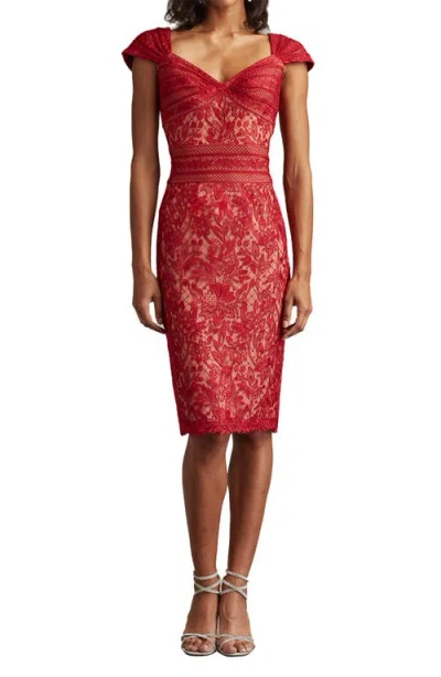 Tadashi Shoji Lace Cap Sleeve Cocktail Dress In Red