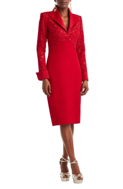 Tadashi Shoji Lace Detail Long Sleeve Sheath Cocktail Dress In Red