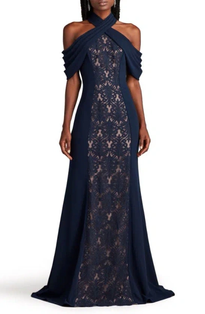 Tadashi Shoji Lace Inset Cold-shoulder Gown In Navy/ Nude