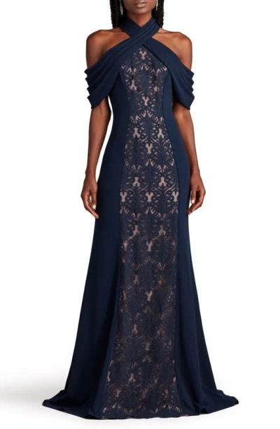 Tadashi Shoji Lace Inset Cold-shoulder Gown In Navy