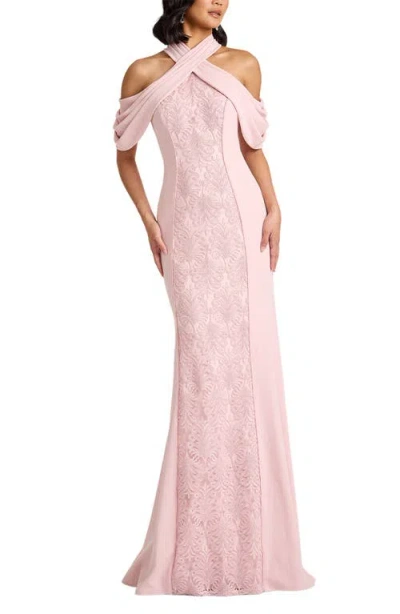 Tadashi Shoji Kato Embroidered Off-shoulder Halter Gown In Pink