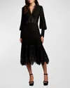 Tadashi Shoji Ribbed Lace Trim Long Sleeve Midi Cocktail Dress In Black/nude