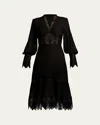 Tadashi Shoji Ribbed Lace Trim Long Sleeve Midi Cocktail Dress In Black/nude