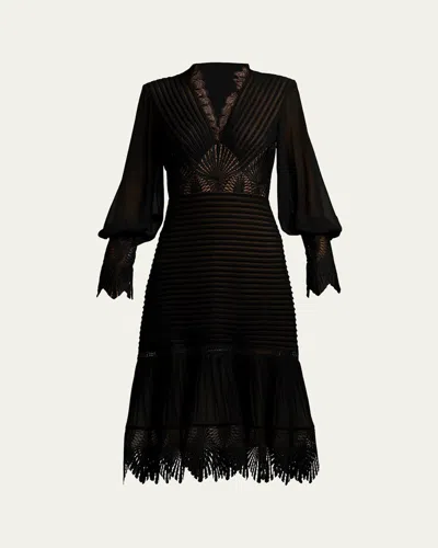 TADASHI SHOJI LACE-INSET PLEATED CHIFFON MIDI DRESS